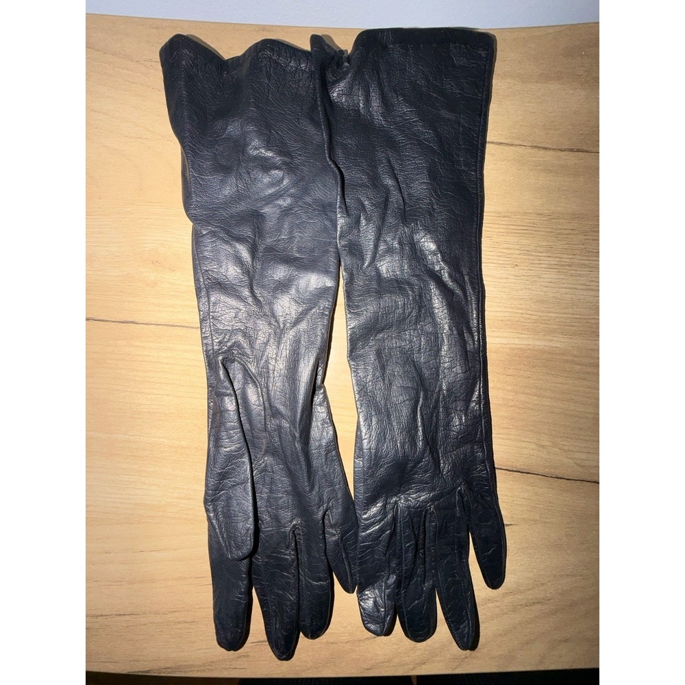 Vtg Long Gloves Black Leather Women's Sz 7 Made In Italy Unmarked J